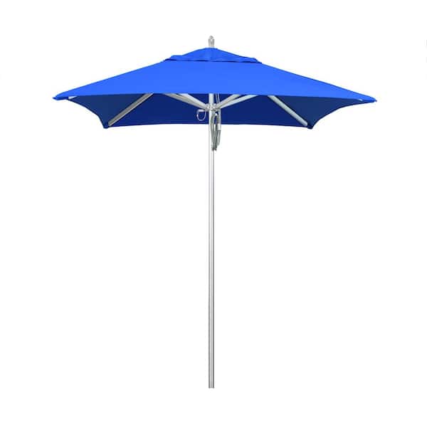 California Umbrella 6 ft. Silver Aluminum Commercial Market Patio Umbrella with Pulley Lift in Pacific Blue Sunbrella