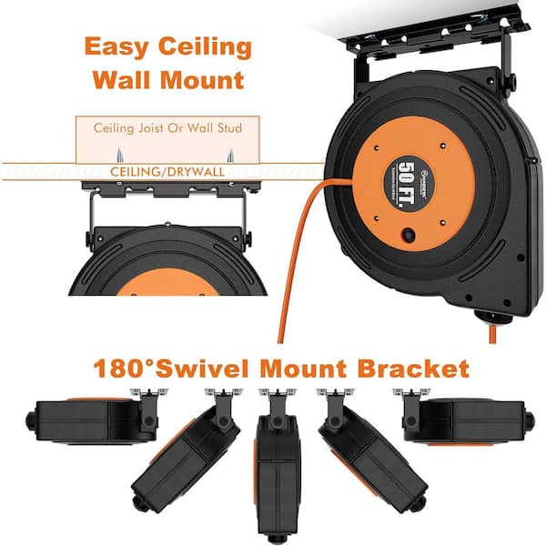 50 ft. 14AWG/3C, 13 Amp Retractable Extension Cord Reel with 3 Grounded Outlet, Wall or Ceiling Mountable, Orange