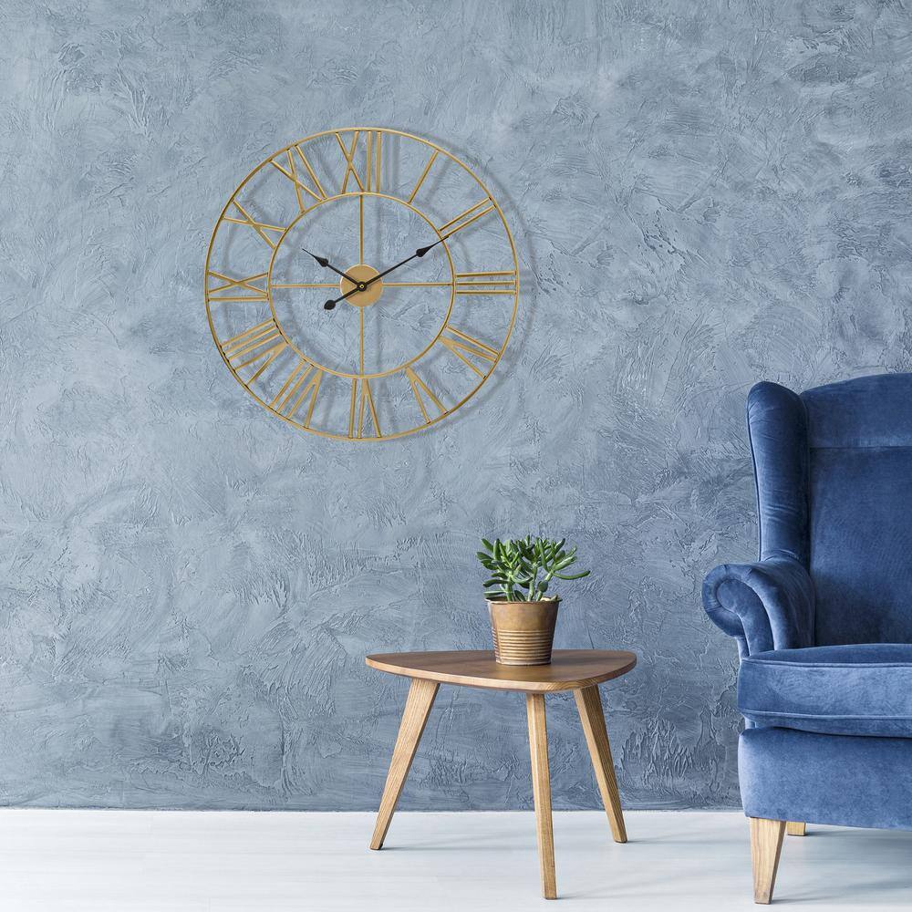 Oversized Gold Metal Roman Numeral Wall Clock