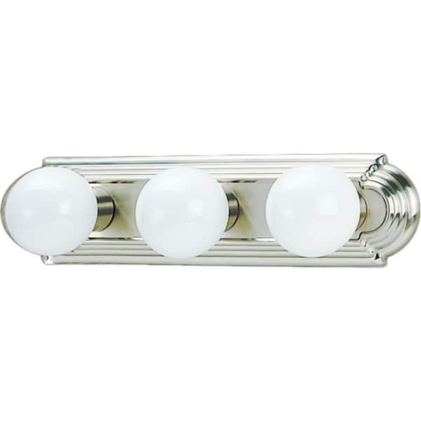 Volume Lighting 3-Light Indoor Brushed Nickel Movie Beauty Makeup Hollywood Bath or Vanity Light Bar Wall Mount or Wall Sconce