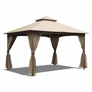 10 ft. x 13 ft. Khaki Outdoor Ventilation Double Roof Gazebo with Mosquito Netting