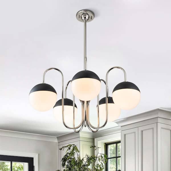 5-Light Polished Nickel Mid-Century Modern Sphere Chandelier with Opal Glass Shades