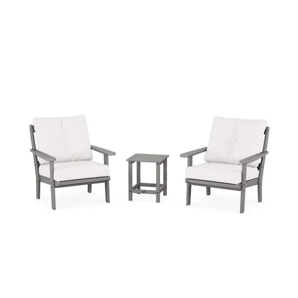 Trex Outdoor Furniture Cape Cod Stepping Stone 3-Piece Plastic Patio Conversation Set in Natural Linen Cushions