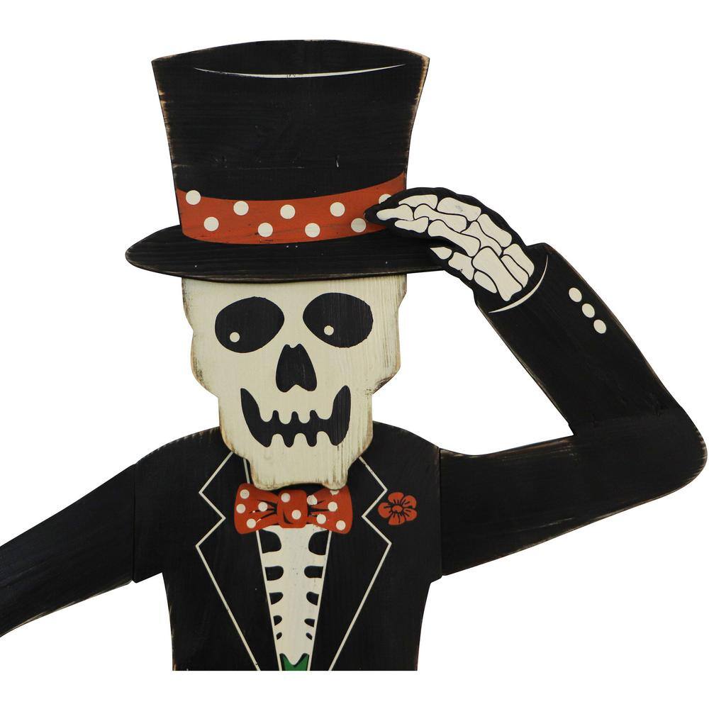 46" Painted Skeleton Holding Pumpkin Wooden Yard Stake