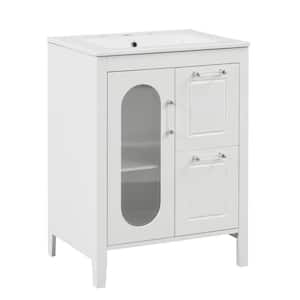 24 in. W x 18.3 in. D x 33.2 in. H Freestanding Bath Vanity in White with White Ceramic Top, Glass Door and 2-Drawers