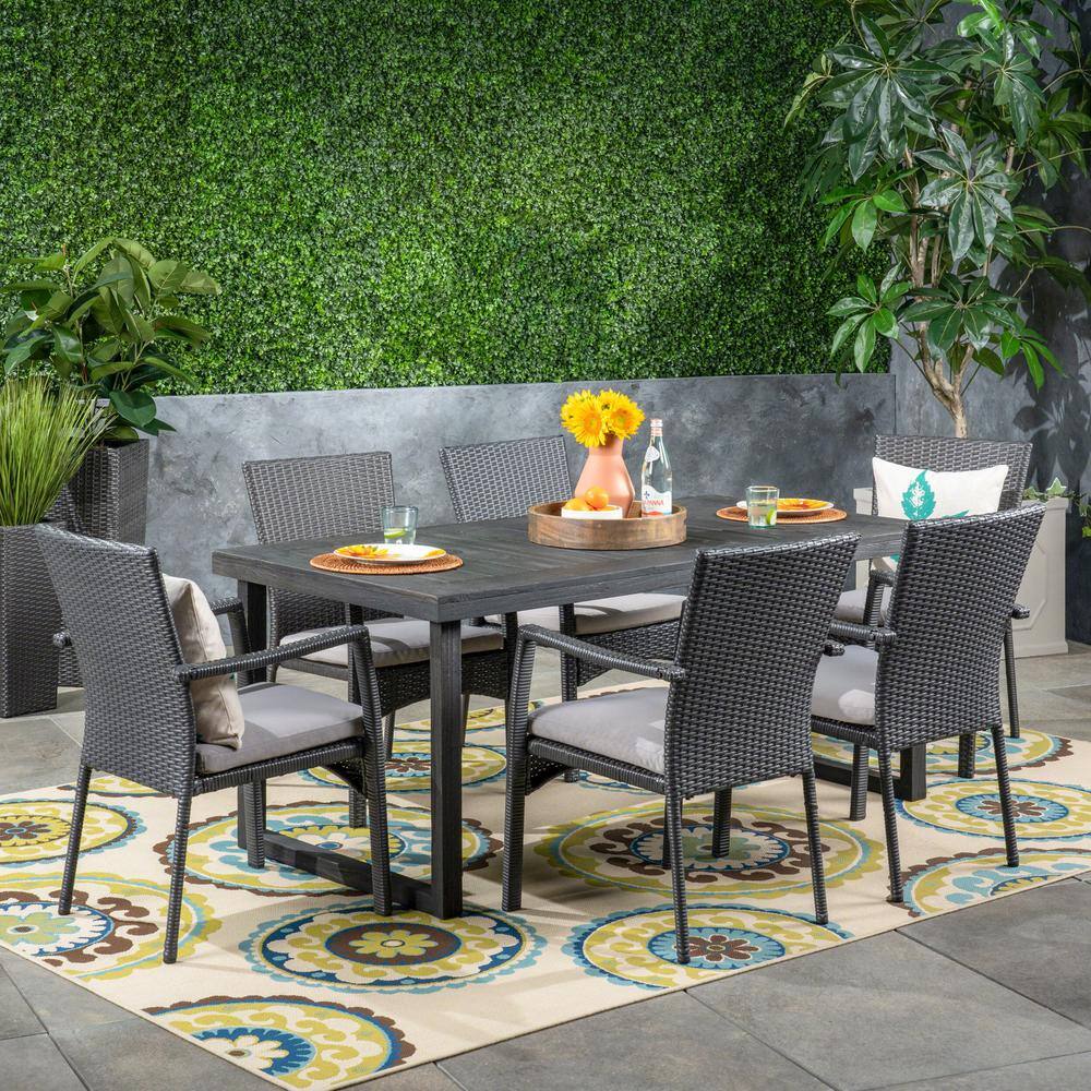 Sandblast Dark Grey 7-Piece Acacia Wood Dining Set with Cushions