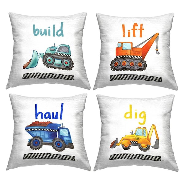 Educational Mixed Construction Vehicles Kids Learning Trucks Multi-Color Square Outdoor Throw Pillow 4-Pack