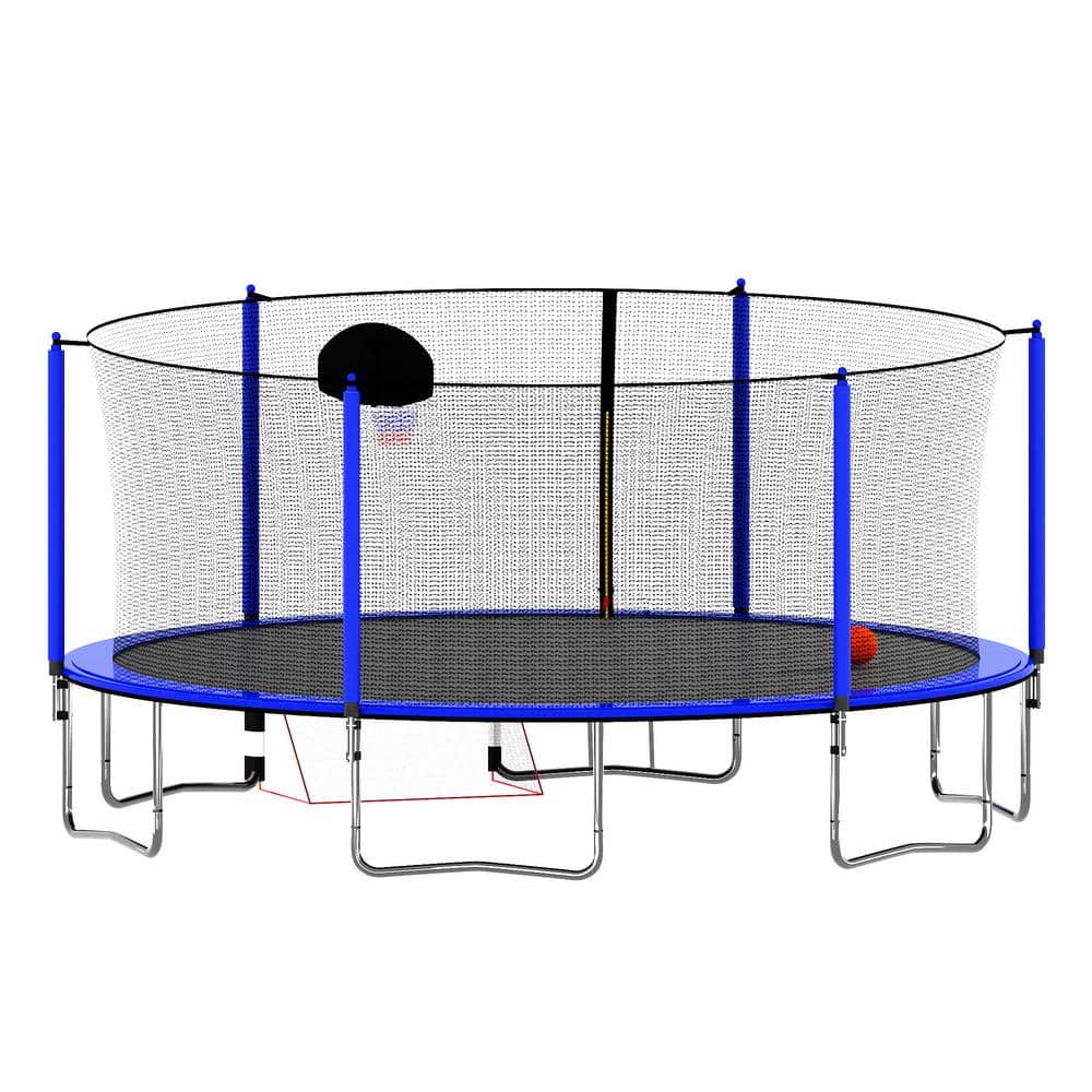 16FT Blue Round Trampoline with Safety Enclosure and Basketball Hoop