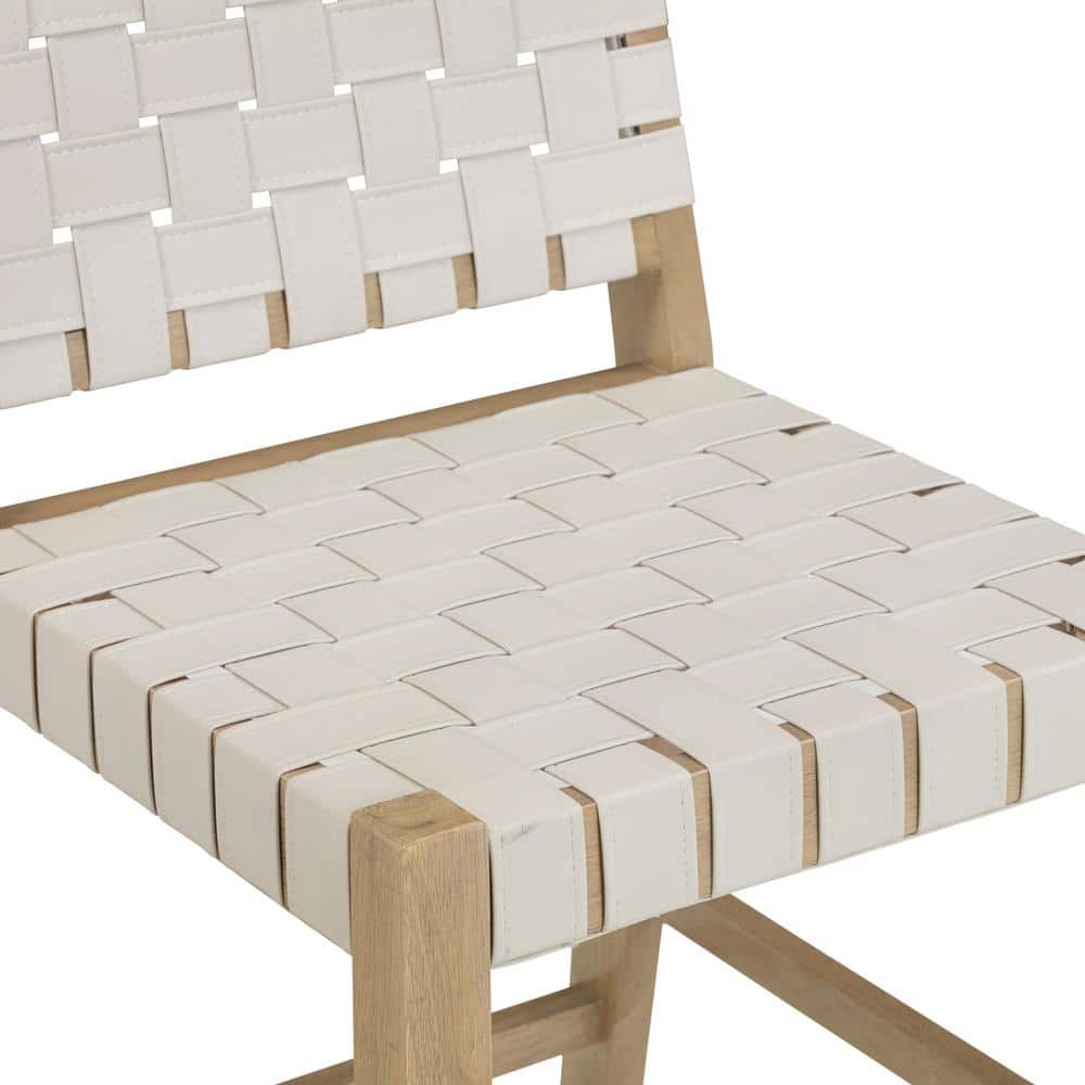 Set of 4 White Woven Faux Leather Bar Stools with Solid Wood Legs