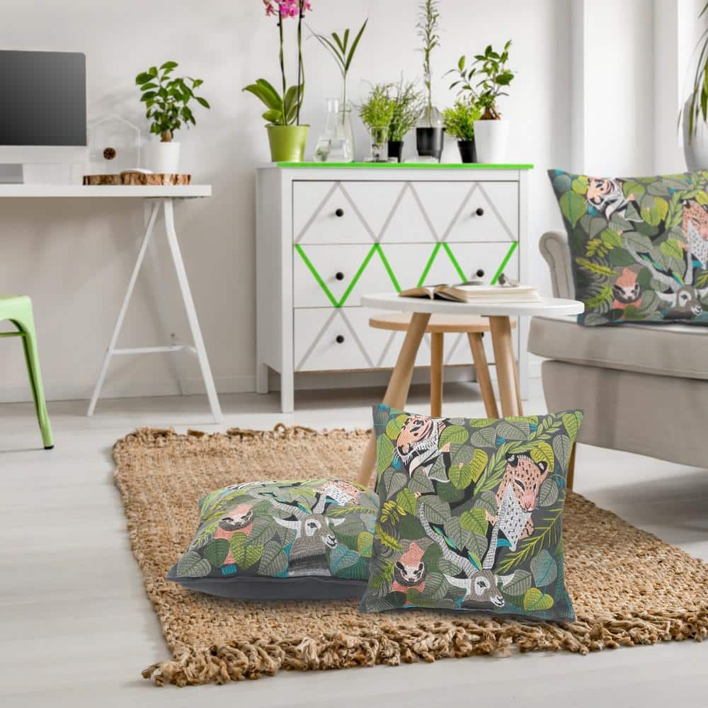 Jungle Scene Green and Multicolor Cotton Throw Pillow