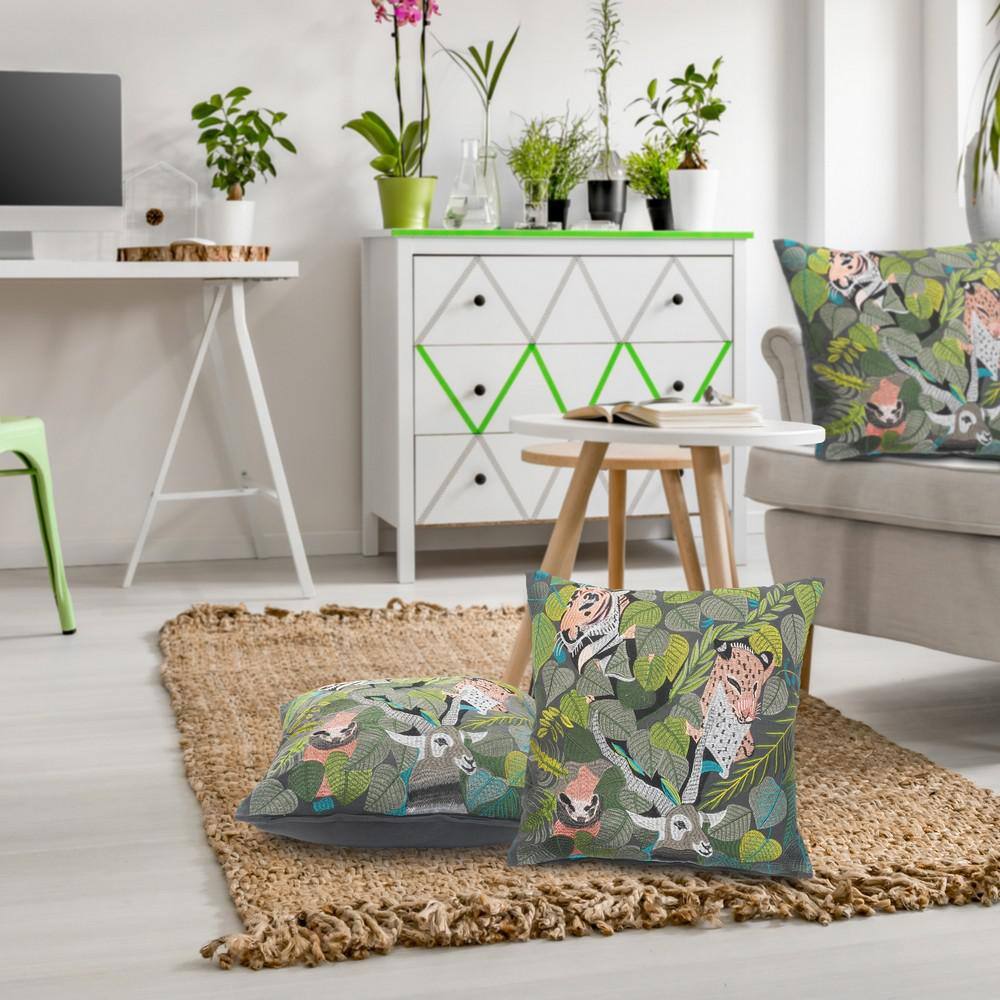 Jungle Scene Green and Multicolor Cotton Throw Pillow
