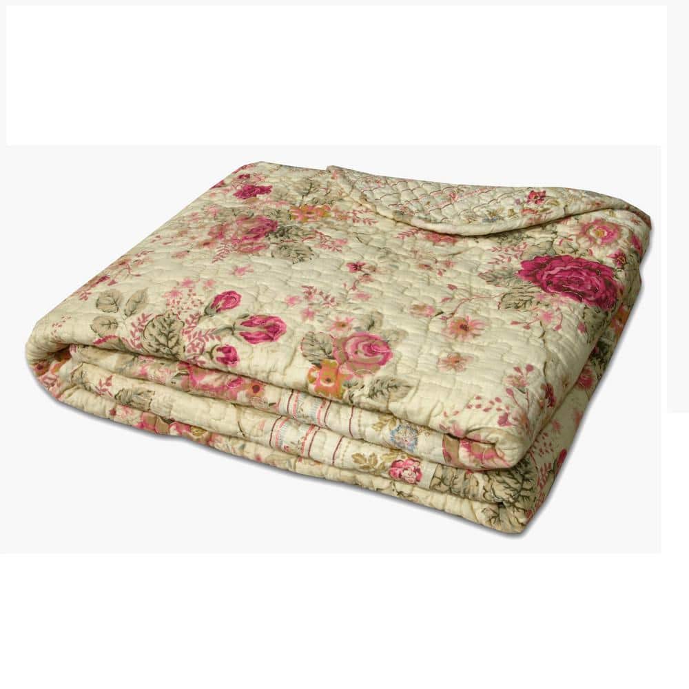 Classic Garden Rose Quilted Throw in Ecru Cotton 50"x60"