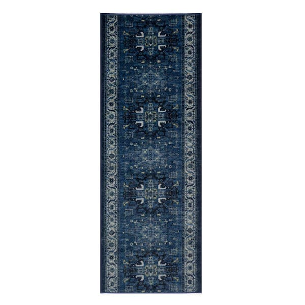 Antique Collection Series Medallion Navy Blue 35 in. x 29 ft. Your Choice Length Stair Runner