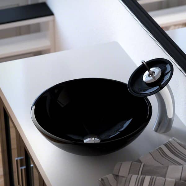 MR Direct Glass Vessel Sink in Black with Waterfall Faucet and Pop-Up Drain in Chrome