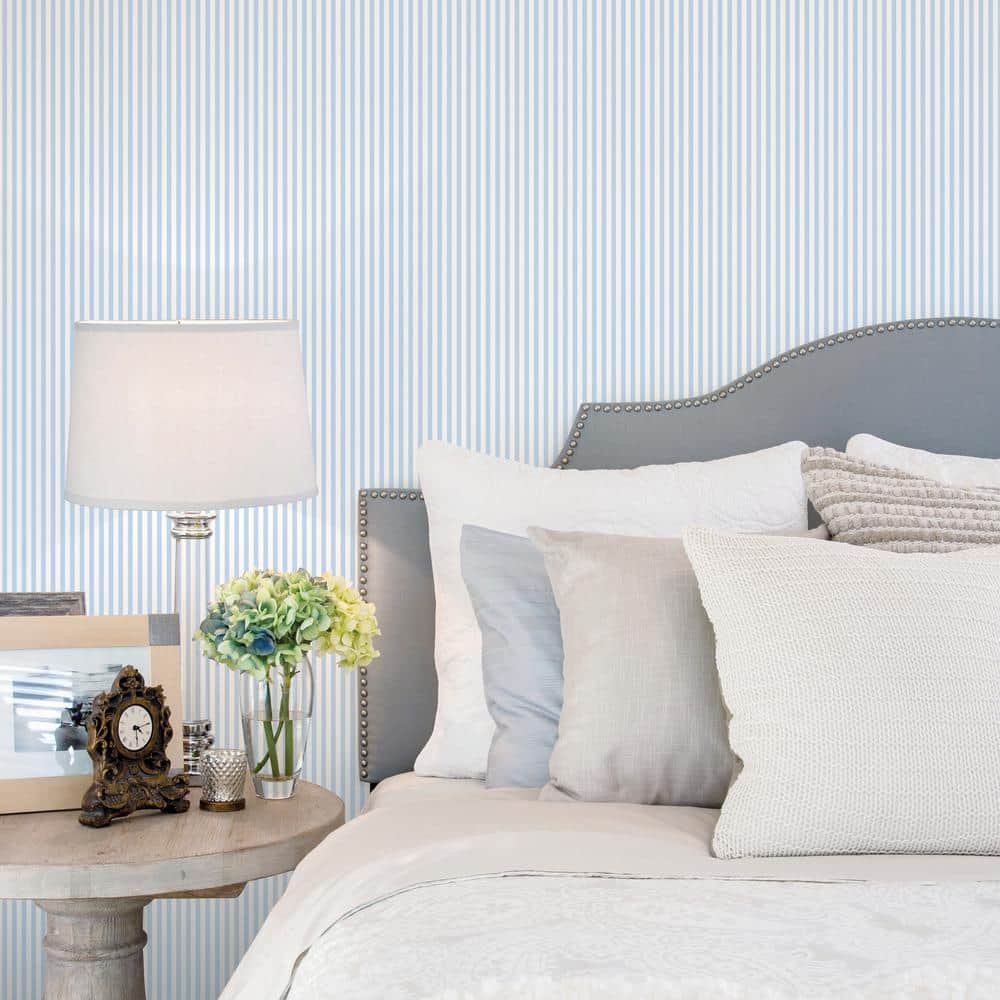 Blue and White Vinyl Non-Pasted Striped Wallpaper Roll