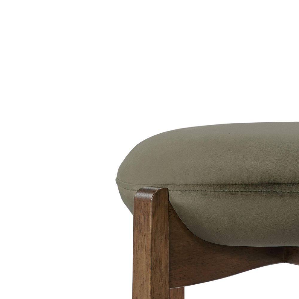 Single dark walnut bar stool with green upholstery on a plain background.