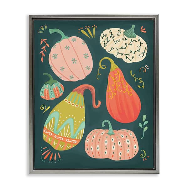 Stupell Industries Patterned Autumn Gourds by Laura Watson Gray Floater Frame Food Graphic Art Print 21 in. x 17 in.