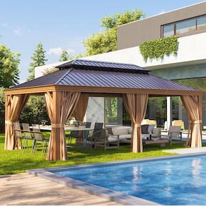 20 ft. x 12 ft. Wood Grain Double Galvanized Steel Roof Hardtop Gazebo with Ceiling Hook, Curtains and Netting