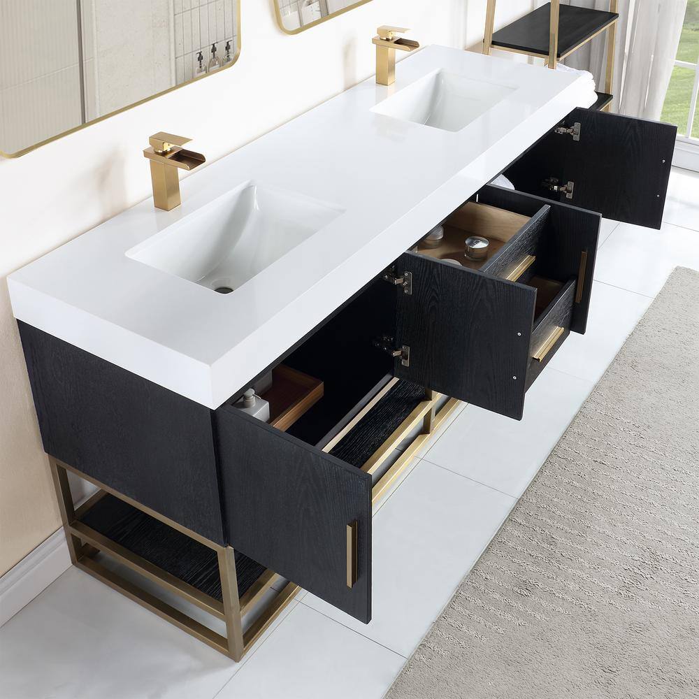 Bianco 72" Black Oak and White Double Vanity with Gold Accents