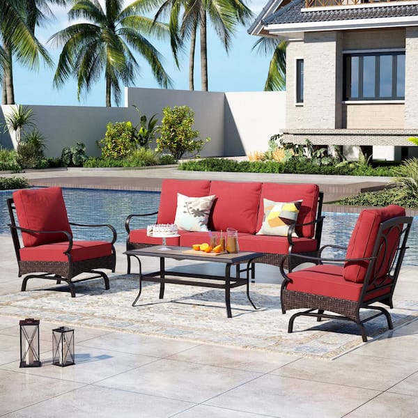 PHI VILLA Brown Rattan 4-Piece 5 Seat Steel Outdoor Patio Conversation Set with Red Cushions, Motion Sofas and Wood-Grain Table
