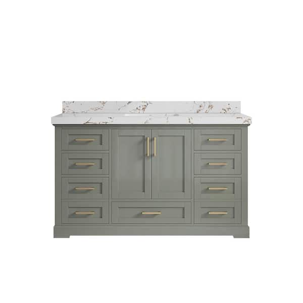 Willow Collections Boston 60 in. Single Sink Freestanding Evergreen Bath Vanity with Viola Brown Quatrz Top Unassembled