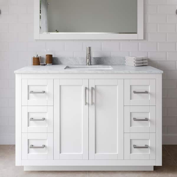 Wyndham Collection Miranda 48 in. W Single Bath Vanity in White with Marble Vanity Top in White Carrara with White Basin and Mirror