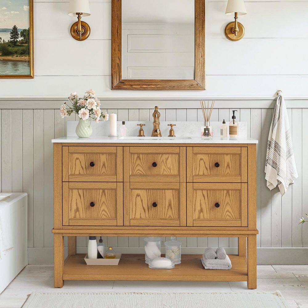 48 in. W Single Sink Freestanding Brown Bath Vanity with White Engineered Stone Top, Open Shelves, and Backsplash price history on PriceWatchPro