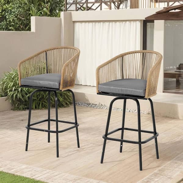 Unbranded Modern Wicker-Woven Outdoor Bar Stools with Gray Cushion, Patio Bar Chairs Patio Furniture Set with Armrests (2-Pack)