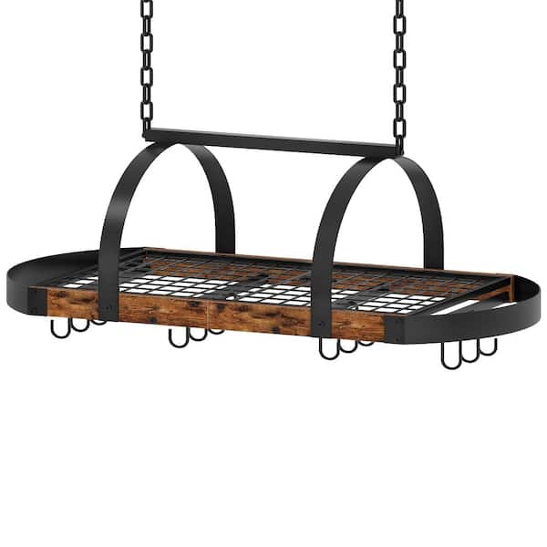 Rustic Brown and Black Ceiling Mounted Pot Rack with 12 S Hooks and Wire Shelf for Kitchen Organization