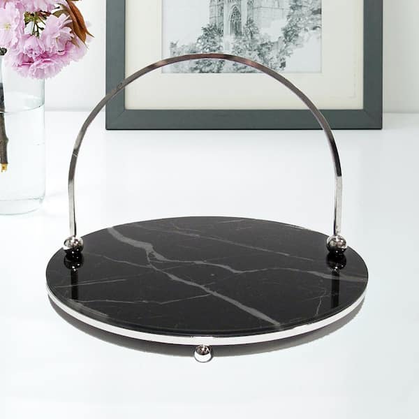Unbranded Round Marble Look Glass Black Decorative Tray with Silver Handles 12 in.