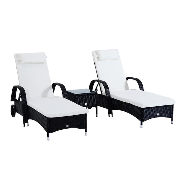 Outsunny Black 3-Piece Plastic Rattan Wicker Adjustable Outdoor Chaise Lounge Chair with Wheels for Moving and White Cushions