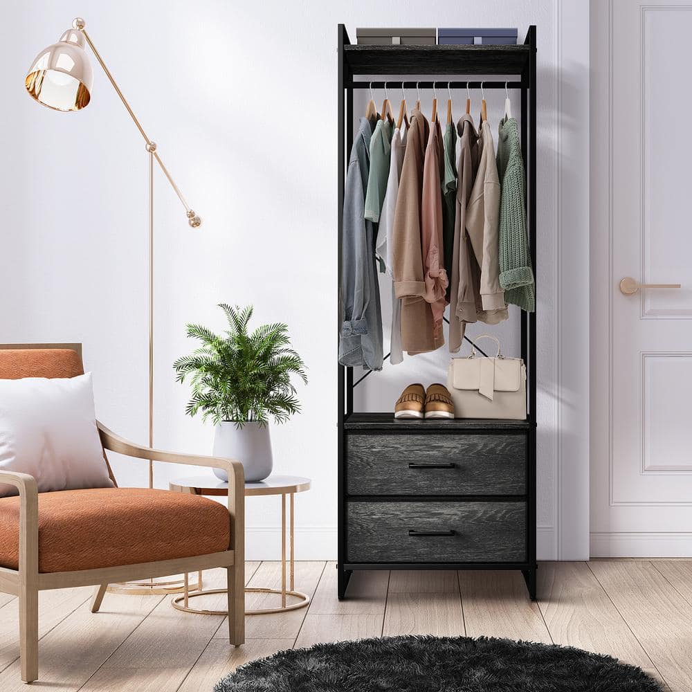 Portable Black and Gray Wood Clothing Rack with Drawers