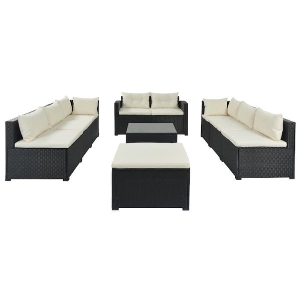 Tunearary 9-Piece Wicker Outdoor Patio Sectional Sofa Set with Table Beige Cushion for Garden Backyard Porch Pool