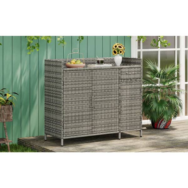 47.5 in. Gray Wicker Outdoor Bar with Tempered Glass Desktop, Weather-proof, Three Doors, Adjustable Shelf