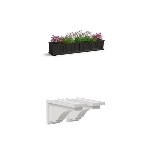 Cape Cod 60 in. x 11 in. Black Self-Watering Window Box with Fairfield White Decorative Corbel