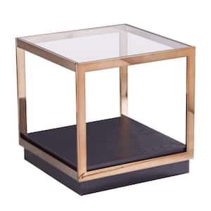 Jordan 22 in. W Champagne 22 in. HAMPAG Square Glass End Table with Shelves 1-Piece