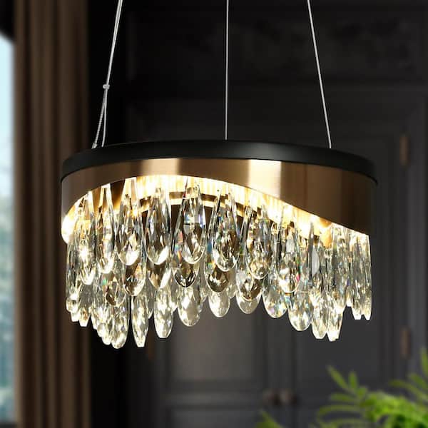 LNC Modern Chandelier 1-Light Glam Drum Plating Brass and Matte Black Integrated LED Foyer Chandelier with Crystal Accents
