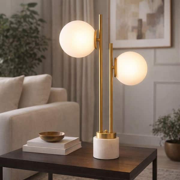 23 in. Gold Double Diffuser Table Lamp with White Glass Shade