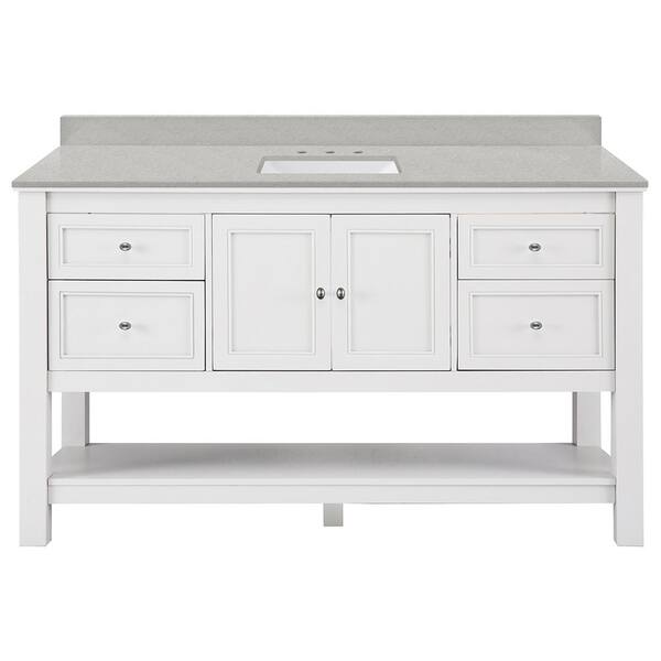 Home Decorators Collection Gazette 61 in. W x 22 in. D x 35 in. H Single Sink Freestanding Bath Vanity in White with Tempest Gray Quartz Top