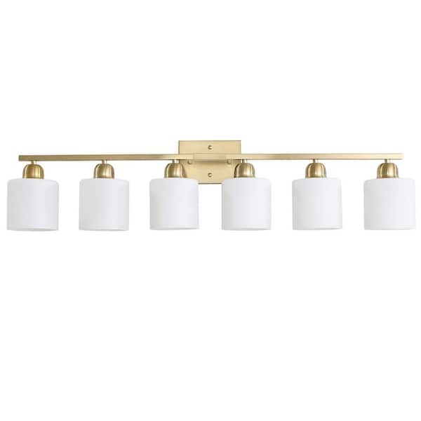 38 in. 6-Light Gold Modern Bathroom Vanity Light Fixture with Milky White Frosted Glass Shades