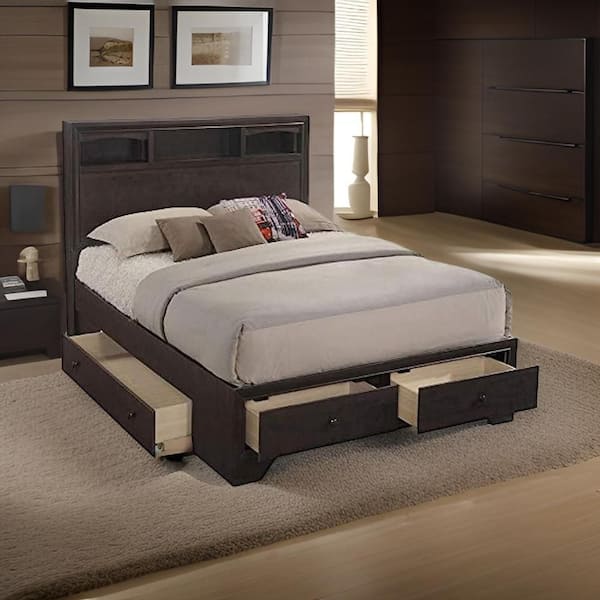Benjara Brown Wood Frame Queen Size Platform Bed with 4-Storage Drawers