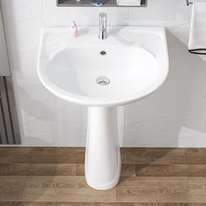 Pedestal Sink White Vitreous China Novelty U-Shape Pedestal Bathroom Sink Combo Single Faucet Hole with Overflow Drain