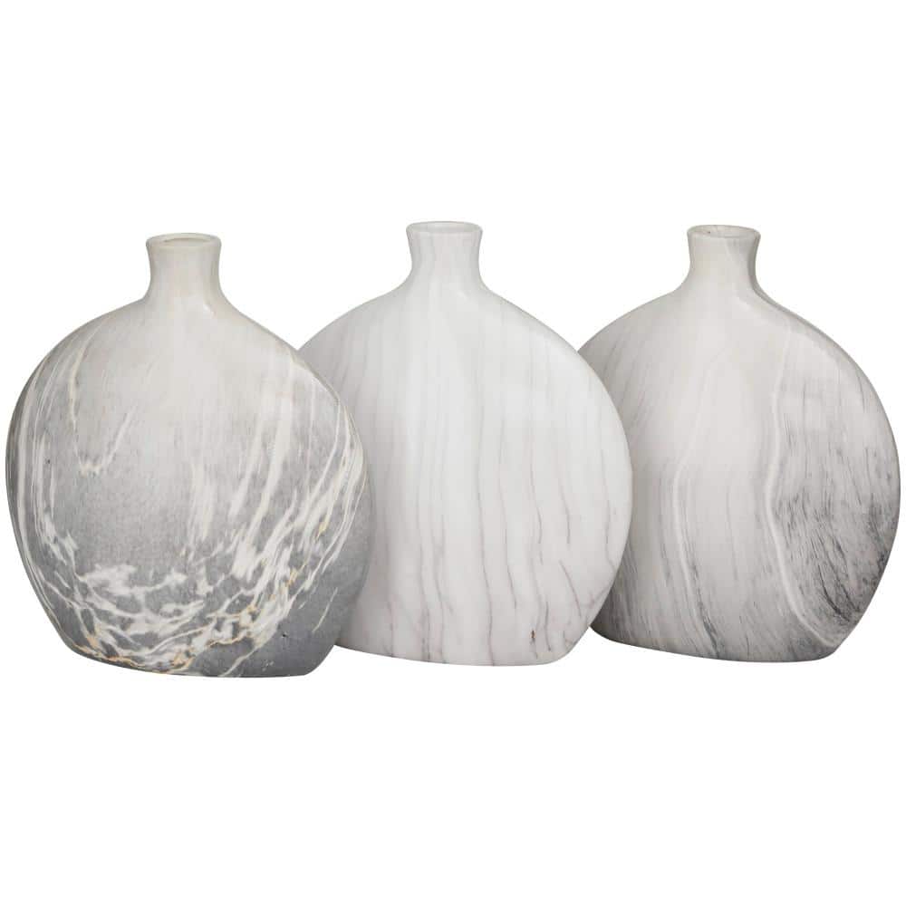 Set of Three Marble-Finish Ceramic Bottle Vases in Gray and White