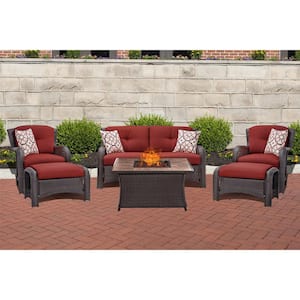 Strathmere 6-Piece Woven Patio Seating Set with Tile-Top Fire Pit and Crimson Red Cushions
