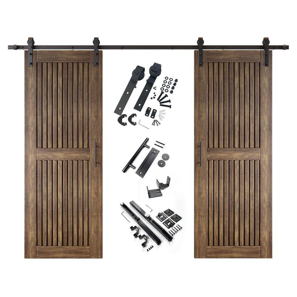 ST 30 in. x 80 in. C-Panel Dark Walnut Vertical Stripe Design Double Pine Wood Sliding Barn Door with Hardware Kit price history on PriceWatchPro