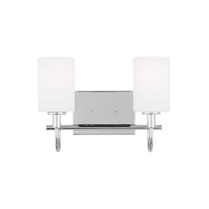 Oak Moore 13.875 in. 2-Light Chrome Vanity Light with Etched/White Glass Shades
