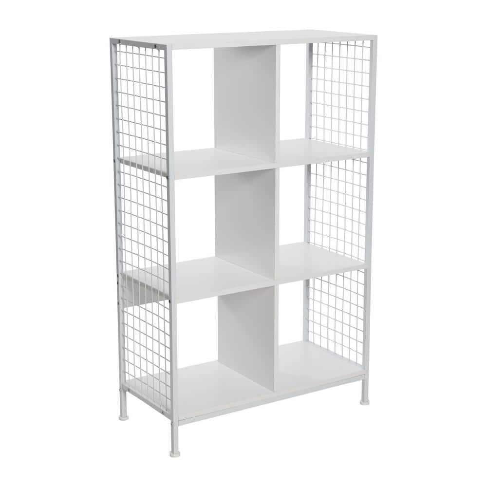Scandinavian White 6-Cube Storage Shelf with Metal Mesh Sides