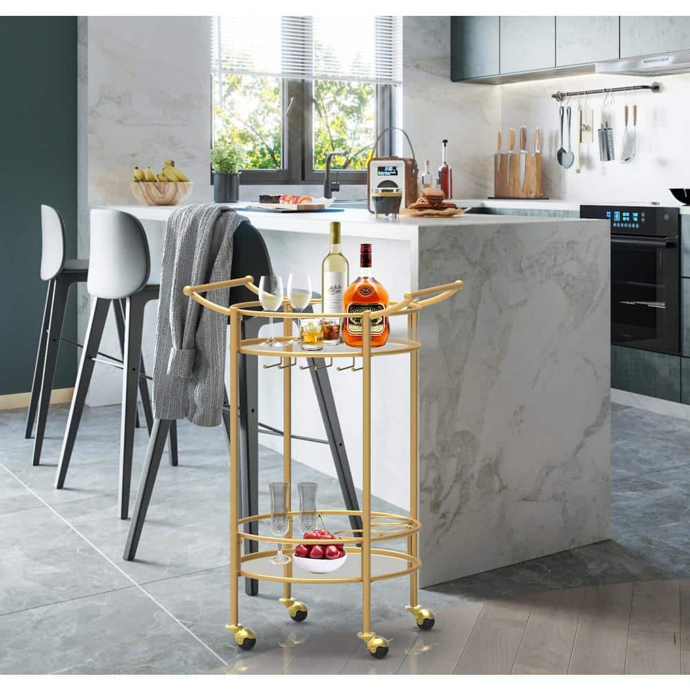Gold Round Bar Cart with Glass Shelves and Wine Rack