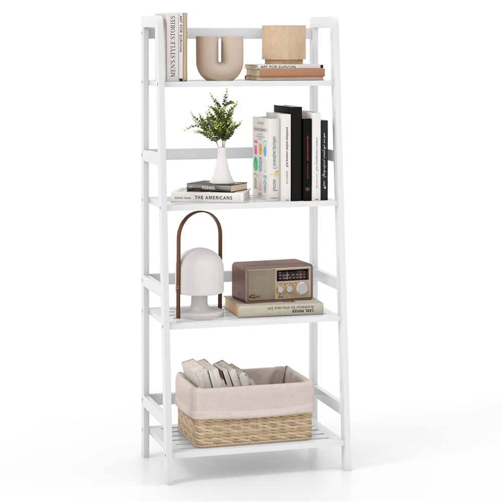 Costway 47.5 in. Tall White Bamboo 4-Shelf Ladder Bookcase