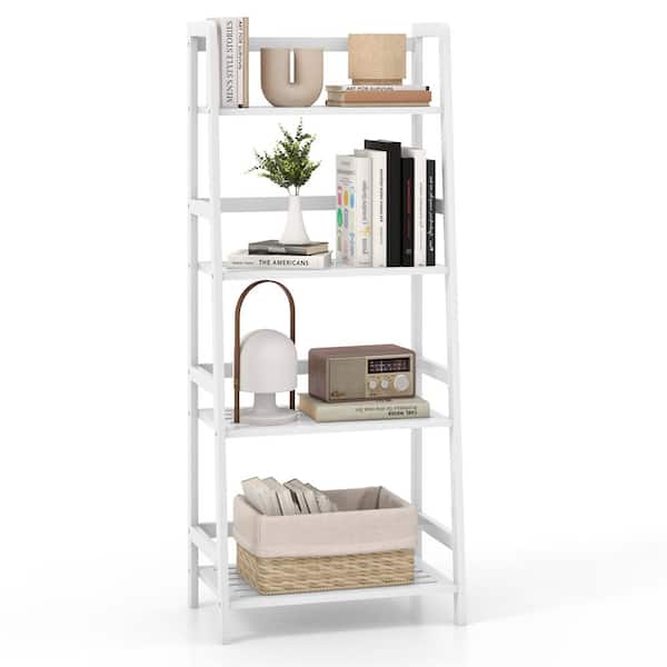 Costway 47.5 in. Tall White Bamboo 4-Shelf Ladder Bookcase with Extra Support Bars